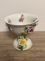 Kézzel díszített kerámia talpas tál – 1960-as évek