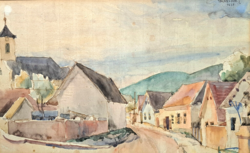 Gallé Tibor akvarell keretben, 1930-as évek - utcakép templomtoronnyal