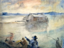 Gallé Tibor: Horgászok, hajómalommal, 1920-as évek, szép keretben! vízparti életkép, tóparti tájkép