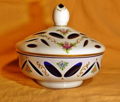 Gyönyörű Bohemia cseh porcelán kobaltkék dszes fedeles cukorka tartó kínáló bonbonier asztalközép