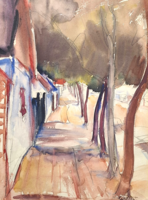 Gallé Tibor: Utcakép, az 1930-as évek kiemelkedő grafikája, szép keretben! Fasor házakkal