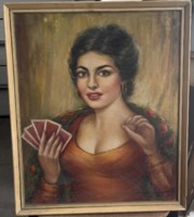Bernáth jelzéssel, gyönyörű olaj portréfestmény kártyavető cigány lány 54*65