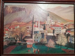 Csontváry Kosztka Tivadar: Tavasznyílás Mostarban - kézzel festett mini reprodukció fa keretben