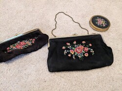 Vintage női tűgobelines himzésű alkalmi szett: kis kézi táska+ smink tartó + púdertartó