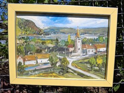 Dunakanyar Dömös tájkép olaj karton 24x33 cm olasz sárga ezüst csíkkal Külm: 27x37 cm Bánfi