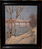 Szemenyey Ferenc : Téli táj szegedi dóm templom tornyával