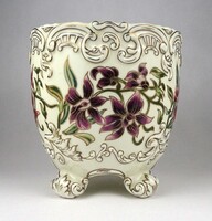 1Y268 Nagyméretű orchidea mintás vajszínű Zsolnay lábas kaspó 18.5 cm