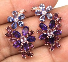 925 ezüst rózsa aranyozasu Ametiszt Tanzanit granat fülbevaló