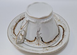 Antik fehér-arany áttetsző, vékony falú, teás csésze aljjal