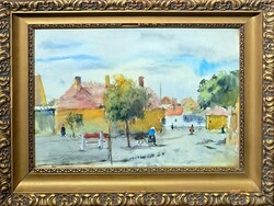 Szalóky Sándor: Szentendrei házak - Képcsarnokos keretezett festmény, utcarészlet, 1950-es évek