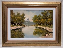 Benda Zoltán "Őszi vízpart" c. olajfestmény szép keretben, ingyen postával