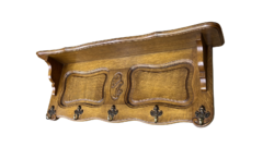 Antik stílusú tölgyfa előszobai fali fogas 5 db akasztóval