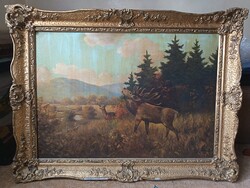 Régi, szignózott vadászjelenetes 100x70!! cm olaj/vászon festmény. Kisautó, játék csere is érdekel