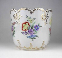 1Y389 Nagyméretű kézzel festett virágmintás Hollóházi porcelán kaspó 15 cm