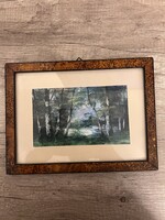 Vintage keretezett nyomat – Tájkép erdővel és patakkal (15,4×9,4 cm)