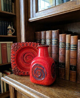 Német lava kerámia váza és dísztál – ikonikus vörös máz, 1970-es évek