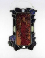 1Y375 Színes ólomüveg keretes szecessziós Alphonse női alakos festett üveg falidísz 32.5 x 21 cm