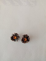 Modern vörösréz iparművészeti ötvös klipsz / fülbevaló   sárga kristály kővel