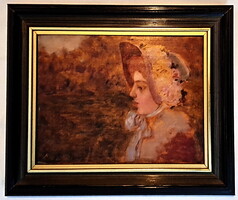 MARGITAY Tihamér (1859-1922) "Korhű kalapos Úri hölgy" olajkép szép keretben,Bp.-n