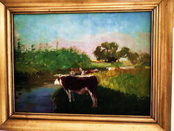 JUSZKÓ Béla "Legelésző tehenek" 40x50cm Olajkép szép aranyszínű keretben,Bp.-n