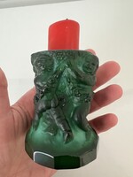 Art deco malachit zöld üveg gyertyatartó táncoló Putto figurákkal