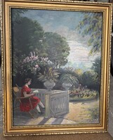 Hajós szignóval – 19. század végi olajfestmény, kertben olvasó nő