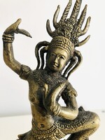 Vintage bronz Khmer-stílusú Apsara táncos szobor és csengől, 23 cm