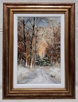 Benda Zoltán "Téli erdőbelső" c. olajfestmény szép keretben, ingyen postával