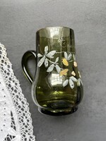 Antik zománcfestett zöld üveg pohár, korsó