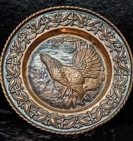 Vörös réz lemez vadászat madár fajd fajdkakas motívum dekoratív dombormű fém falitál kép dísz régi