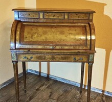 Elegáns, intarziás antik írókomód – különleges, felnyitható tamburfedéllel