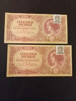 1945 Tízezer Pengő [ sorkövető páros ] XF tartás képen mutatva 1 Hajtással.