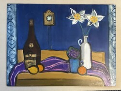 JAKAB ESZTER (1943-1989) JELZETT KÉPCSARNOKOS, OLAJ, FAROST RETRO FESTMÉNY 80 X 60 CM