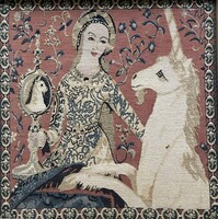 Udvarhölgy unikornissal középkori hangulatú gobelin 47x47cm