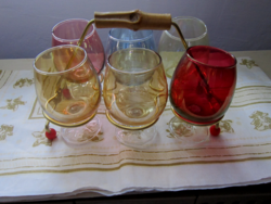 Vintage színes likörös pohár szett fém  tartóval