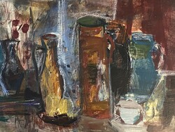 GERA ÉVA (1923-1996) JELZETT KÉPCSARNOKOS, OLAJ, FAROST RETRO FESTMÉNY 80 X 60 CM