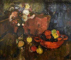 Izsák József (1929-2007): CSENDÉLET PIROS VAJLINGGAL