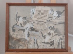 Szignózott cicák a zongorán festmény  47x38 cm kerettel