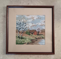 Nyírfa a kertben. Gobelin tájkép csodálatos keretben.