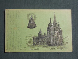 Képeslap,dombornyomott,Ausztria,Mariazell,bazilika,kegyszobor,Hans Nachbargauer kiadás Wien,1898-