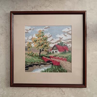 Ház a hídnál. Gobelin tájkép csodálatos keretben.