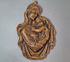 Madonna kisdeddel régi nagyméretű kézi faragású viaszkép, falikép , domborkép