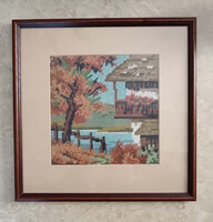 Ház a vízparton, gobelin tájkép csodálatos keretben.