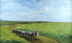 1Y498 Jelzés nélkül : Ökrös szekér 74.5 x 45.5 cm