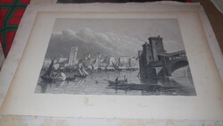 Rézkarc  , Pavia  látképe  a Ponte Coperto hiddal  , antik nyomat 1860 .  12 x 25 cm