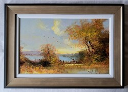 Jakubik István "Vízparti csend" olajfestmény szép keretben ingyen postával