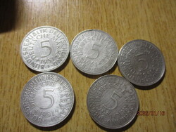 1951,  5 darab NSZK ezüst 5 márka.Csak egyben.