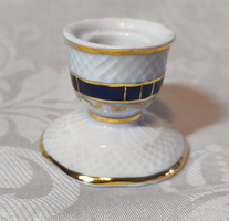 Hollóházi porcelán gyertyatartó, kobaltkék–arany díszítés, jelzett, hibátlan