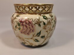 Zsolnay - Virág mintás - Kézzel festett - Aranyozott - Áttört peremű - Kaspó