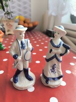 Porcelán hölgy, úr figurális szobor kék csíkos ruhában  eladó!